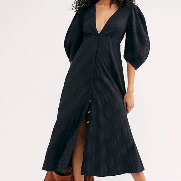 New Free People Lydia Puff Sleeve Button Down Midi Dress in Black | Women’s XL - Picture 2 of 15